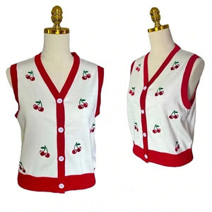 BELLE POQUE Women's White Cherry Coded Embroidered Crop Knit Sweater Vest Size M
